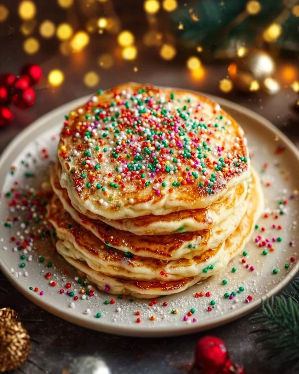 Fluffy Christmas morning pancakes topped with berries and syrup.