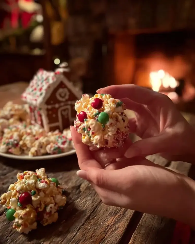 Colorful Christmas popcorn balls decorated for holiday festivities.