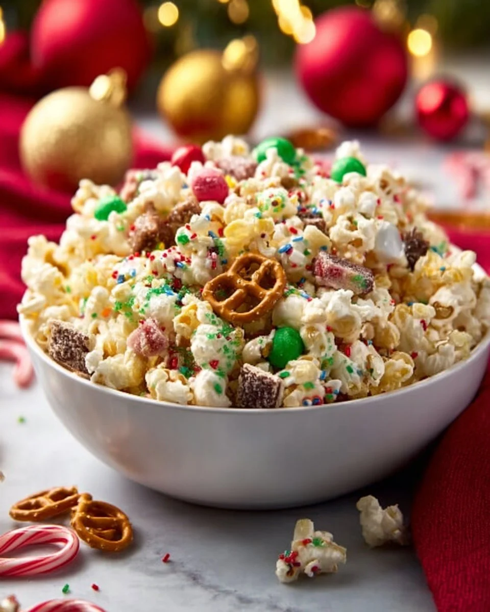 Festive Christmas popcorn crunch with colorful sprinkles and toppings.