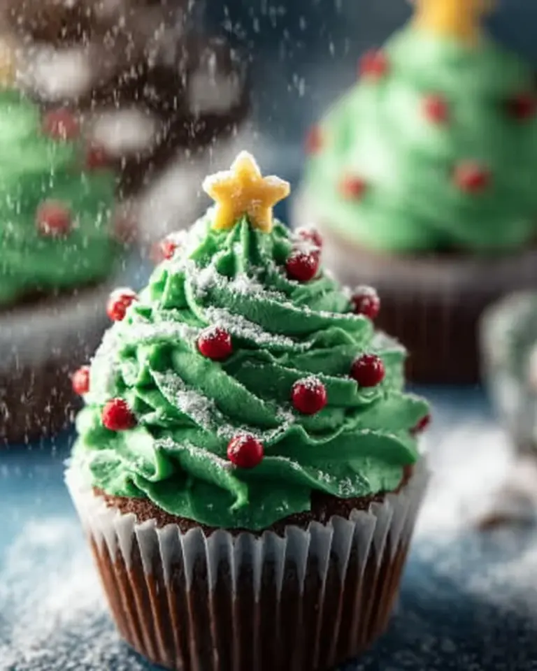 Festively decorated Christmas Tree Cupcakes with green frosting and sprinkles on a plate.