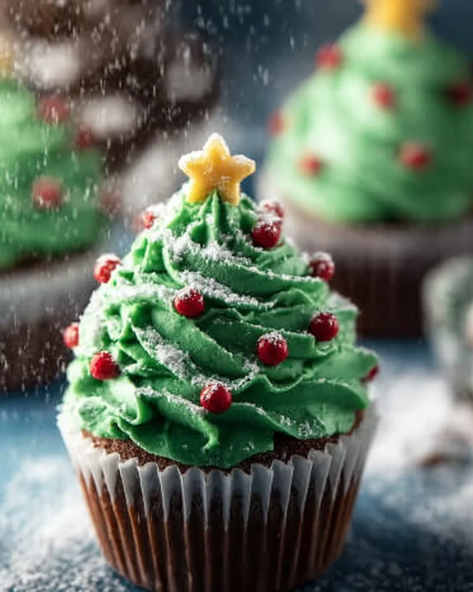 Festively decorated Christmas Tree Cupcakes with green frosting and sprinkles on a plate.