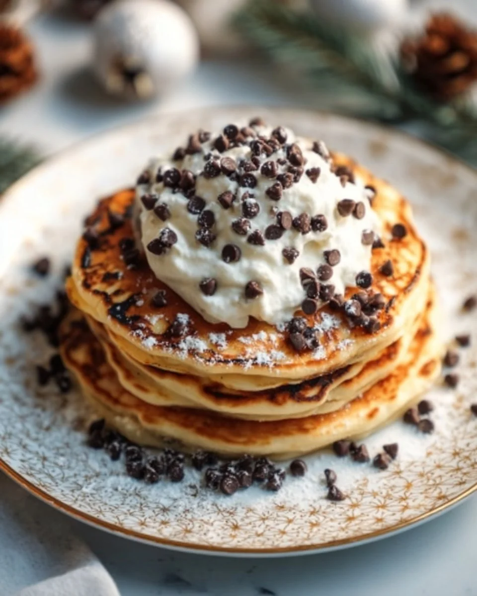 Plate of classic chocolate chip pancakes with melted chocolate chips and syrup