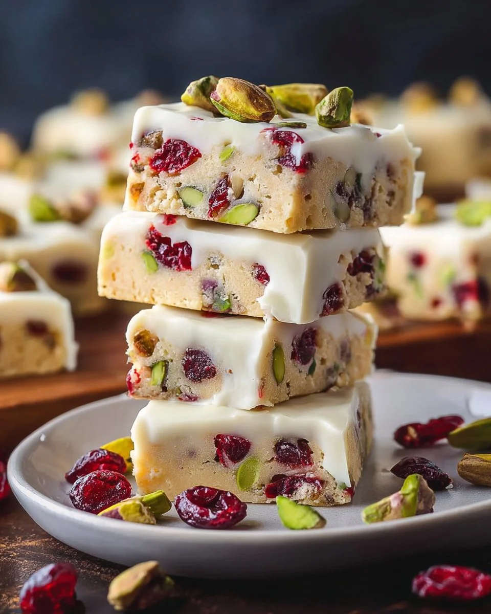 Cranberry Pistachio Shortbread Cookies on a white plate