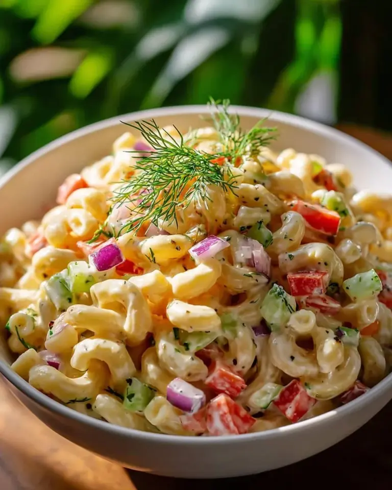 Creamy Greek yogurt macaroni salad in a bowl, garnished with fresh herbs
