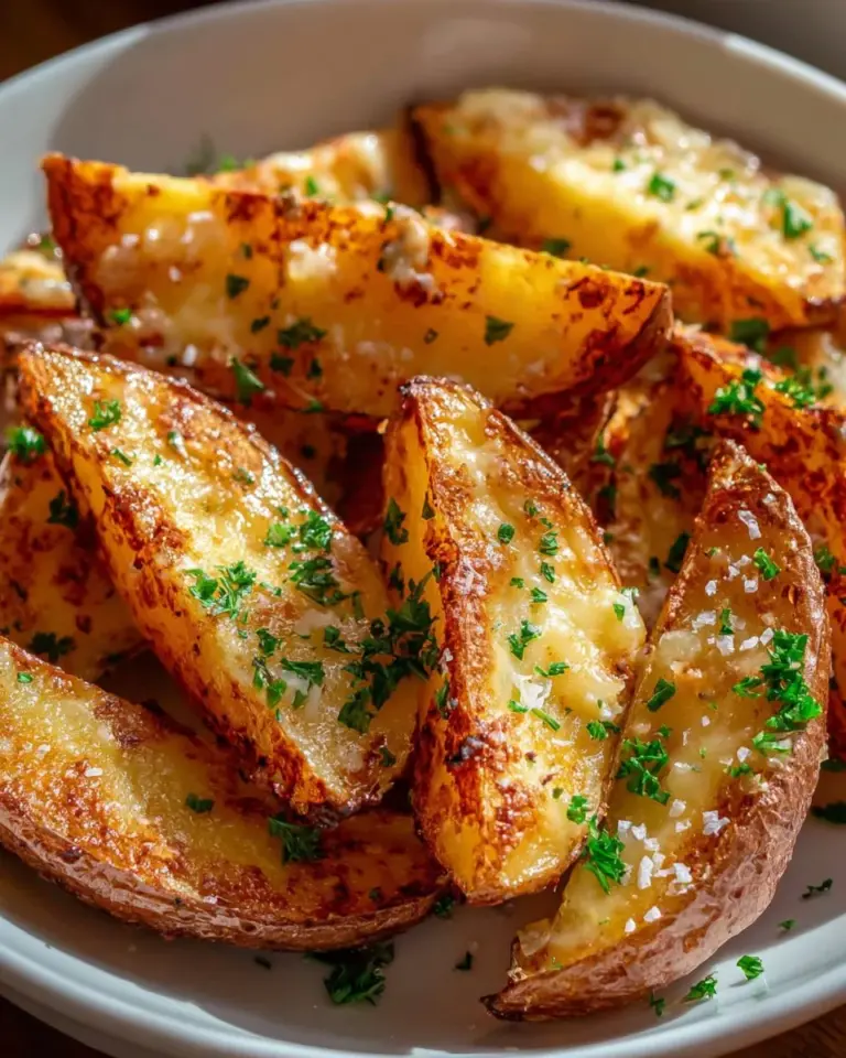 Crispy air fryer cheesy potato wedges served in a bowl