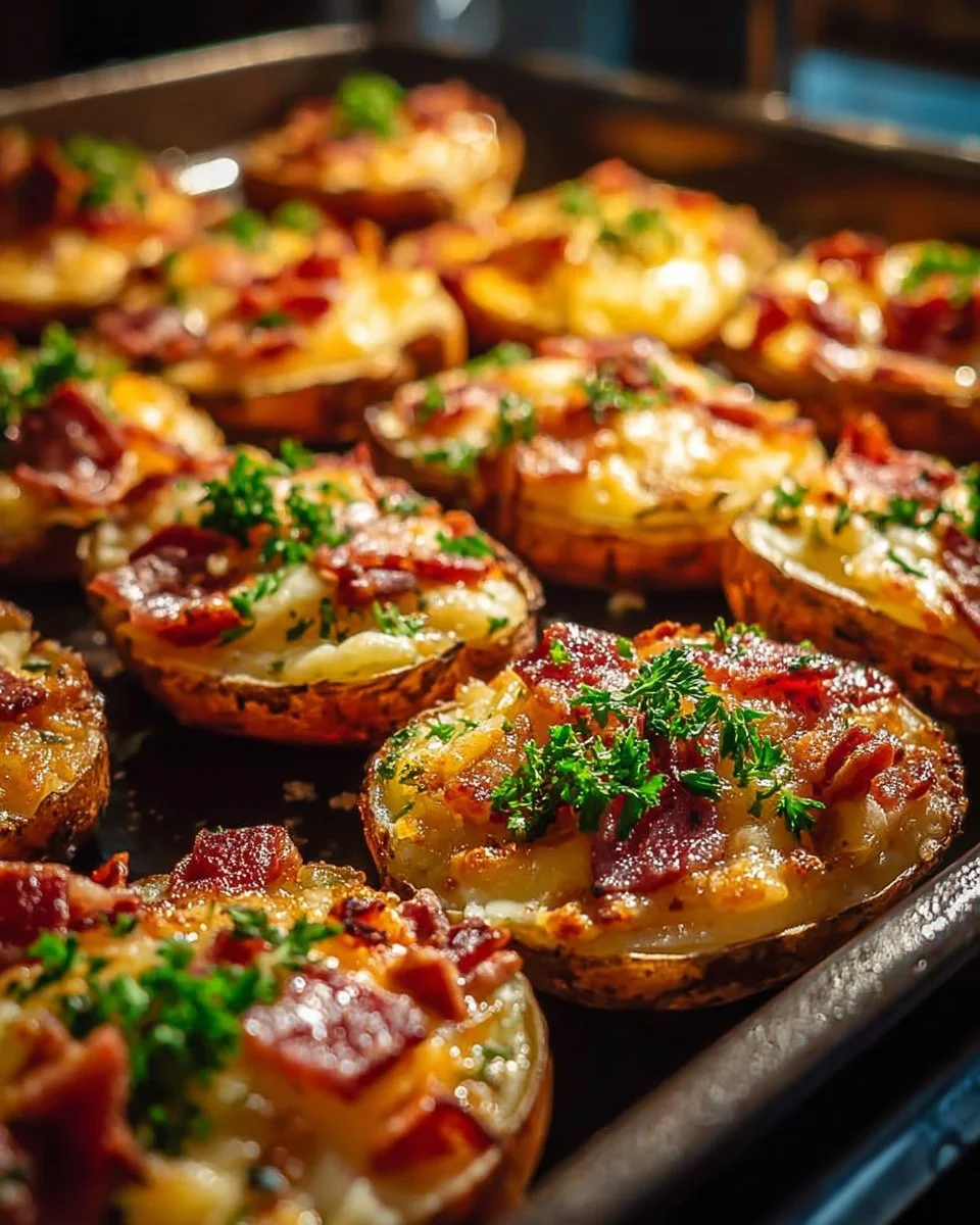 Crispy baked potato slices topped with melted cheese on a plate