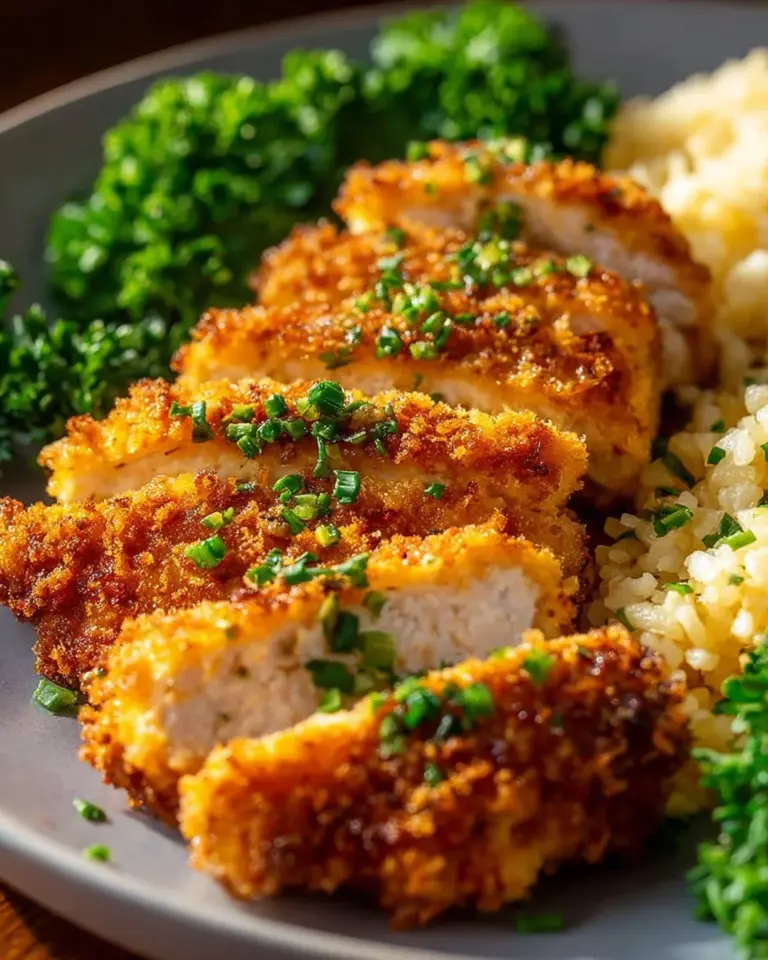 Plate of crispy cornflake baked chicken garnished with herbs.