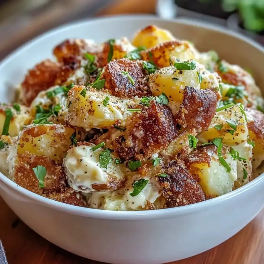 Crispy smashed potato salad garnished with herbs and served in a bowl.