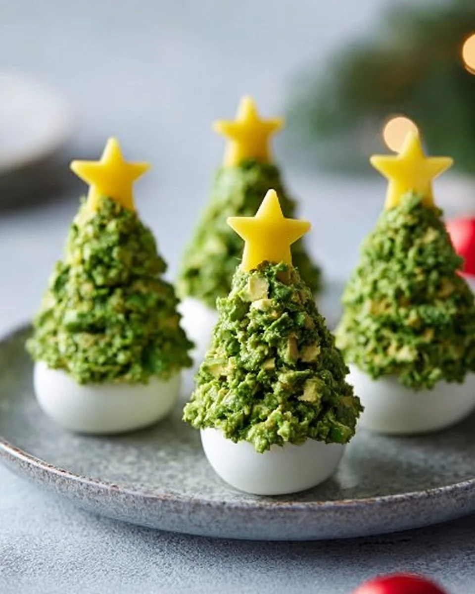 Deviled egg Christmas trees arranged on a platter for the holiday season