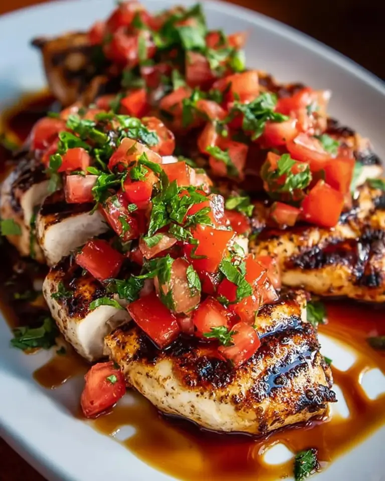 Delicious easy bruschetta chicken topped with fresh tomatoes and herbs