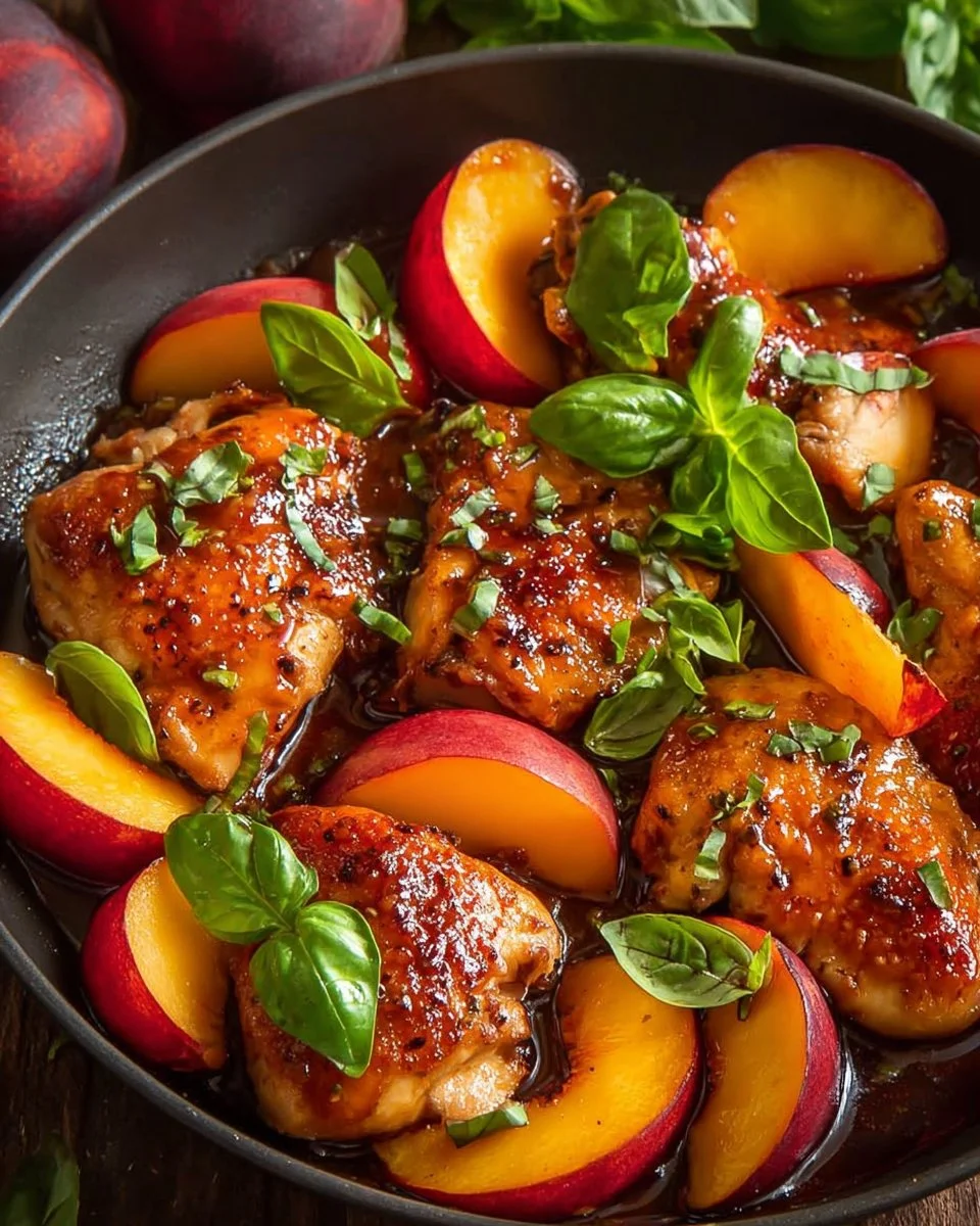 Plate of Easy Peach Basil Balsamic Chicken garnished with fresh basil