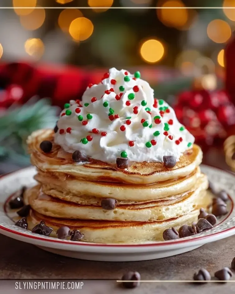 Delicious Elf Pancakes topped with festive ingredients and syrup.