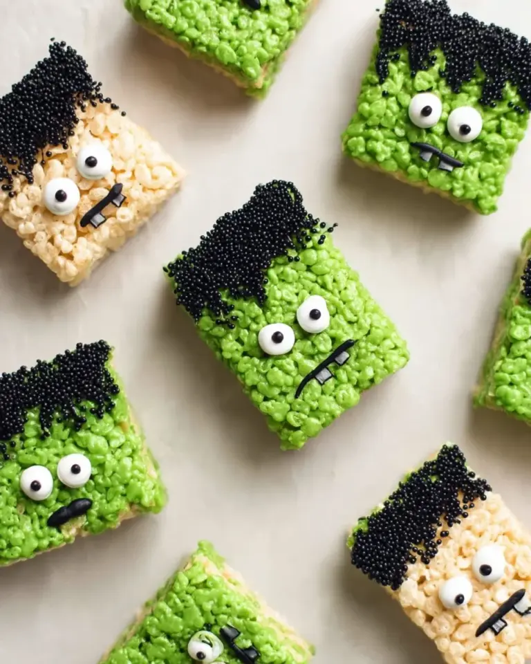 Frankenstein Rice Krispie Treats decorated for Halloween