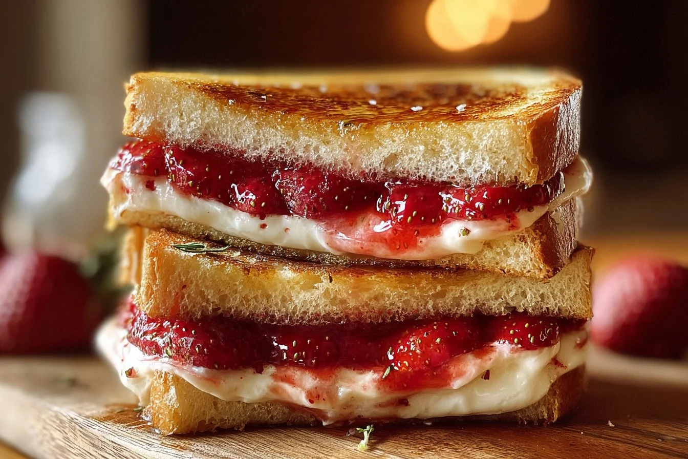 Plate of fried strawberry cheesecake sandwiches drizzled with chocolate sauce
