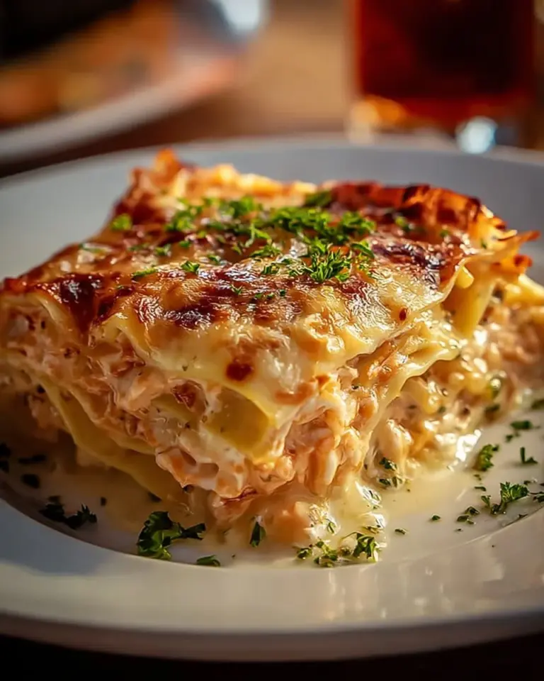 Delicious Garlic Butter Shrimp Scampi Lasagna with shrimp and sauce layered in pasta.