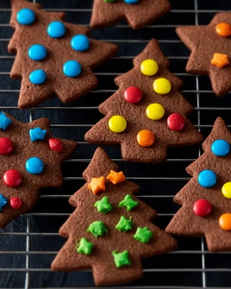 Gingerbread cookies in the shape of Christmas trees decorated with icing.