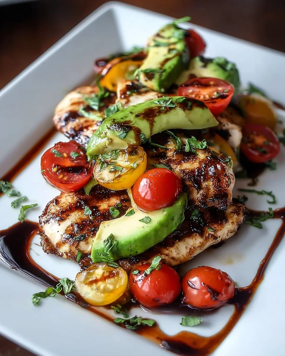 Grilled California avocado chicken served with fresh herbs and spices