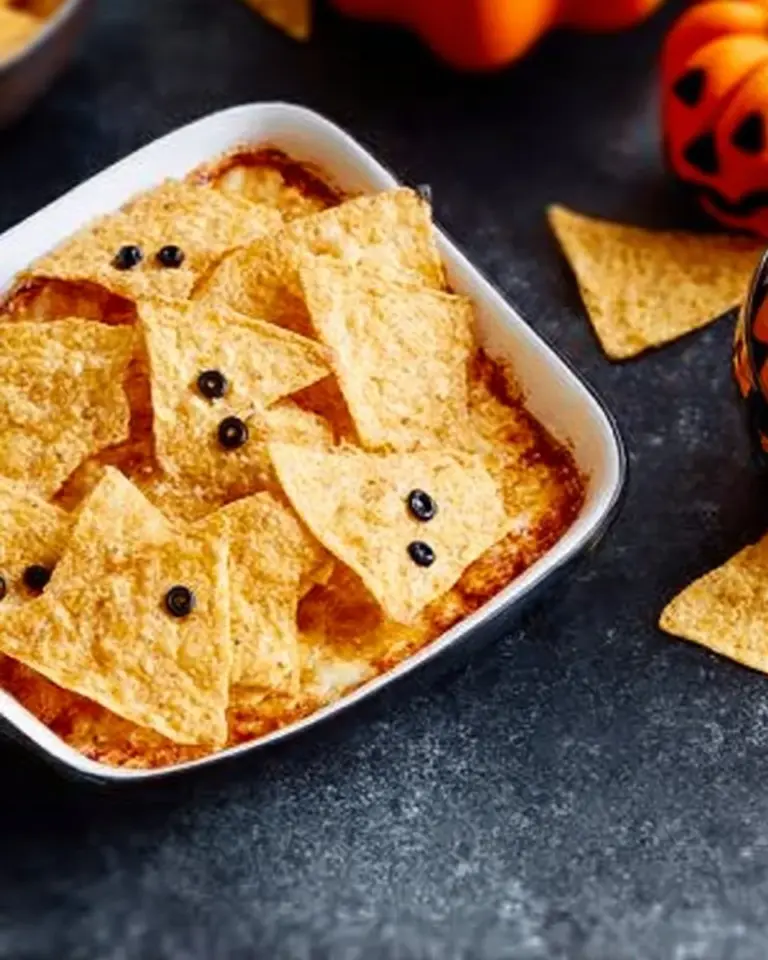 Halloween Buffalo Chicken Dip recipe served in a themed dish with spooky decorations