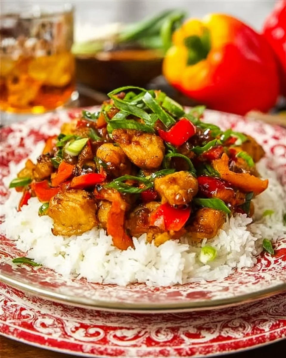 Honey Pepper Chicken served over rice with herbs and spices