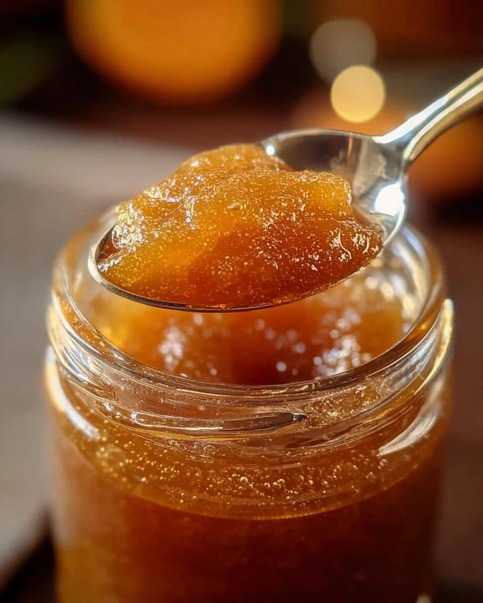 Jar of honey sweetened peach jam with fresh peaches beside it