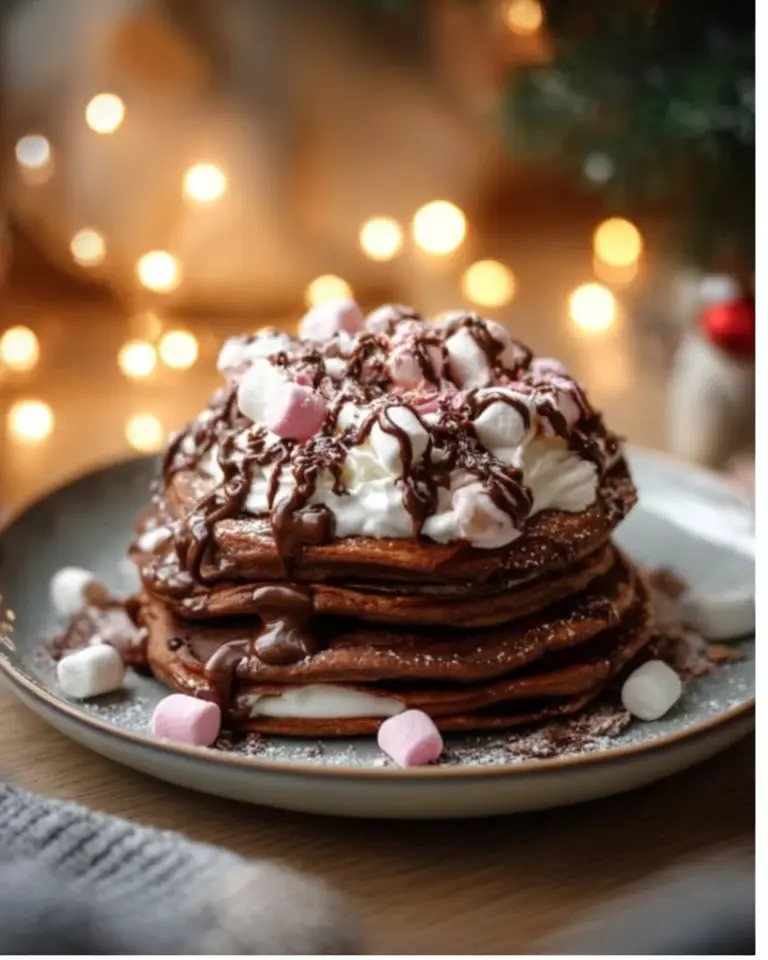 Delicious hot chocolate pancakes drizzled with chocolate syrup and topped with marshmallows
