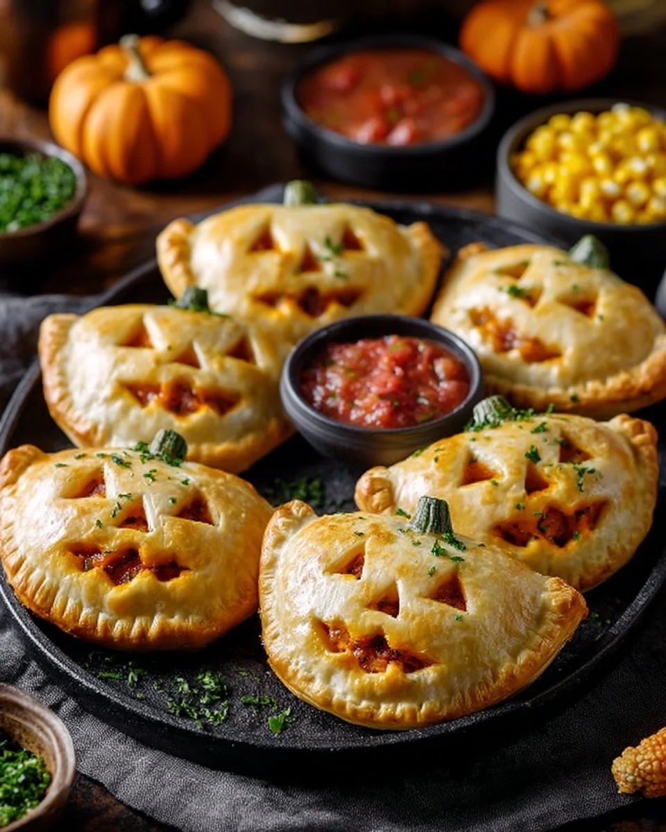 Jack-O'-Lantern Calzones with festive pumpkin designs for Halloween