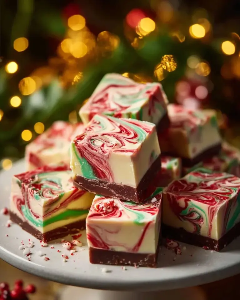 Delicious homemade Christmas fudge topped with festive decorations.