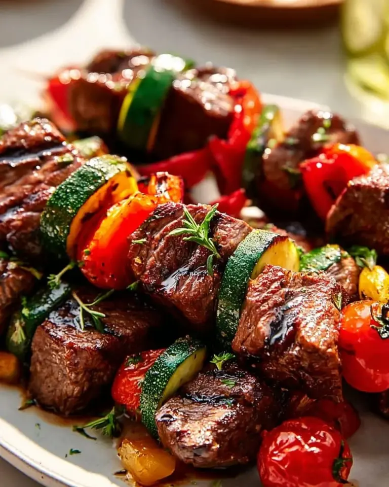 Juicy grilled steak kabobs skewered with colorful vegetables