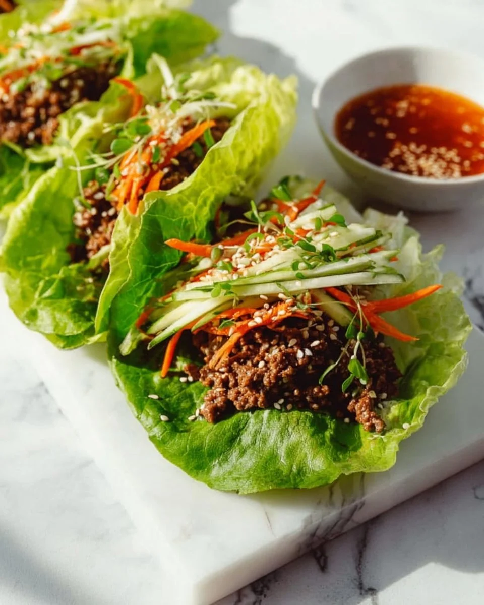Korean ground beef lettuce wraps with colorful veggies in fresh lettuce leaves