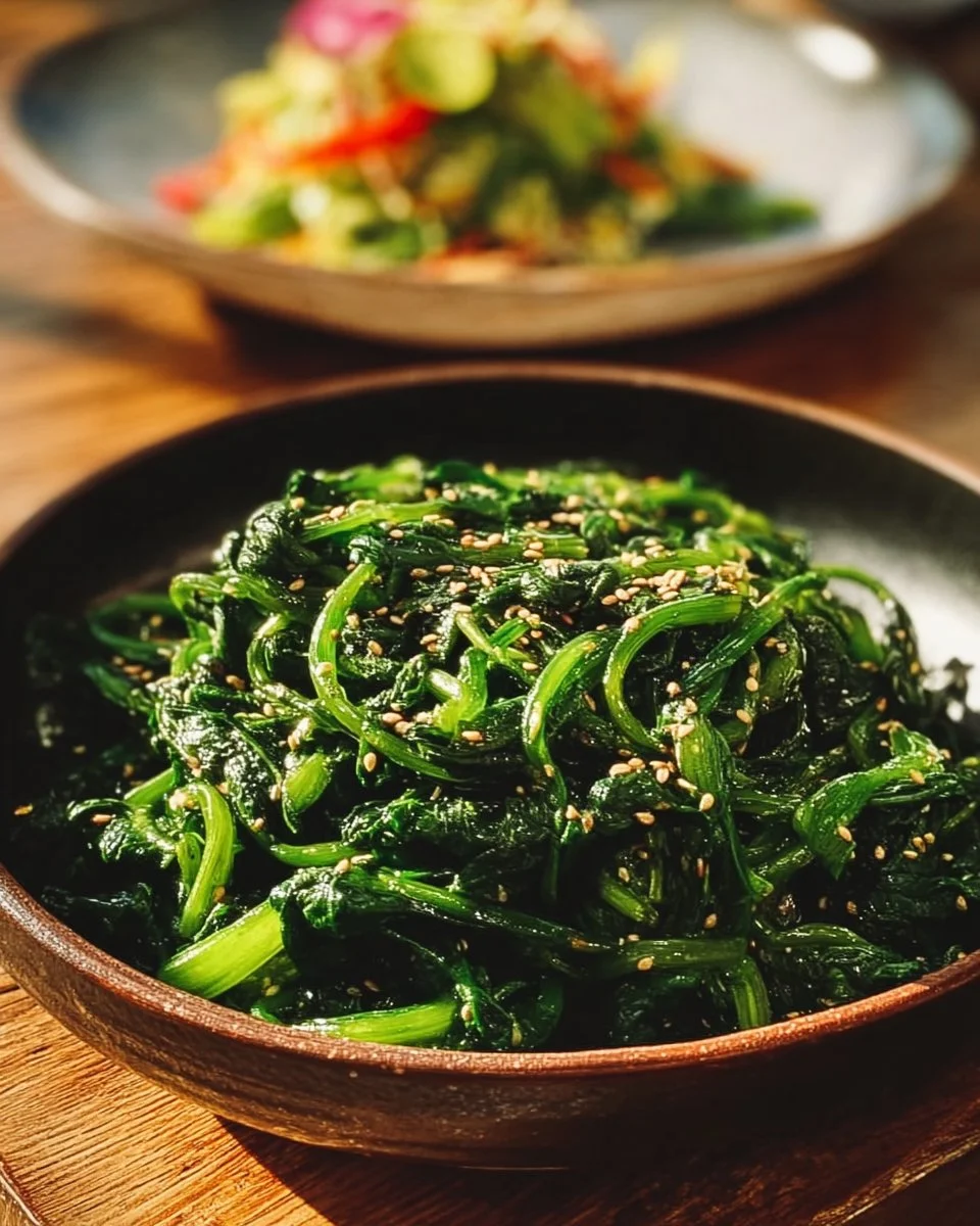 Fresh Korean Spinach Salad (Sigeumchi Namul) topped with sesame seeds and garlic