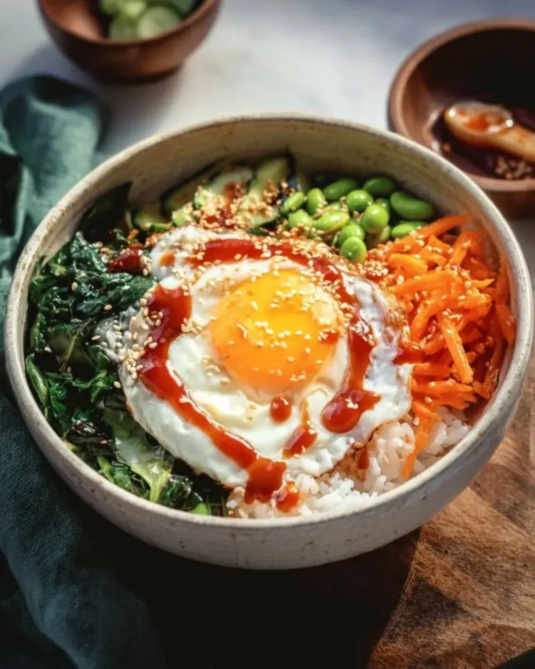 Korean Veggie Bibimbap Bowl with colorful vegetables and a fried egg