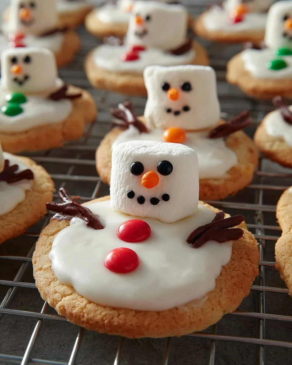 Decorative melted snowman biscuits on a holiday plate.