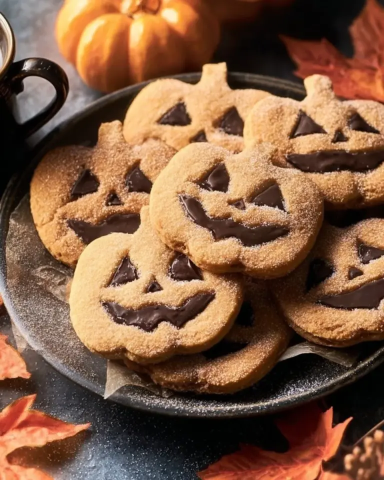 Delicious milk chocolate stuffed Jack-O'-Lantern cookies for Halloween treats