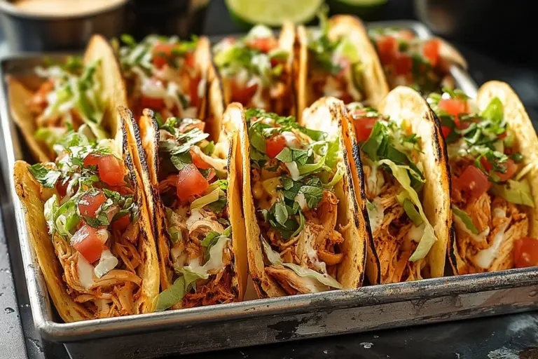 Plate of mini baked chicken tacos garnished with fresh ingredients