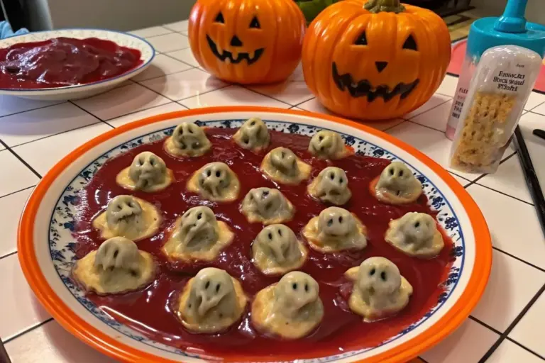 Mini meatloaf ghosts shaped and garnished for Halloween