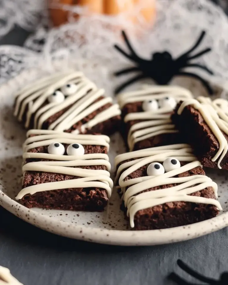 Delicious Mummy Brownies decorated for Halloween