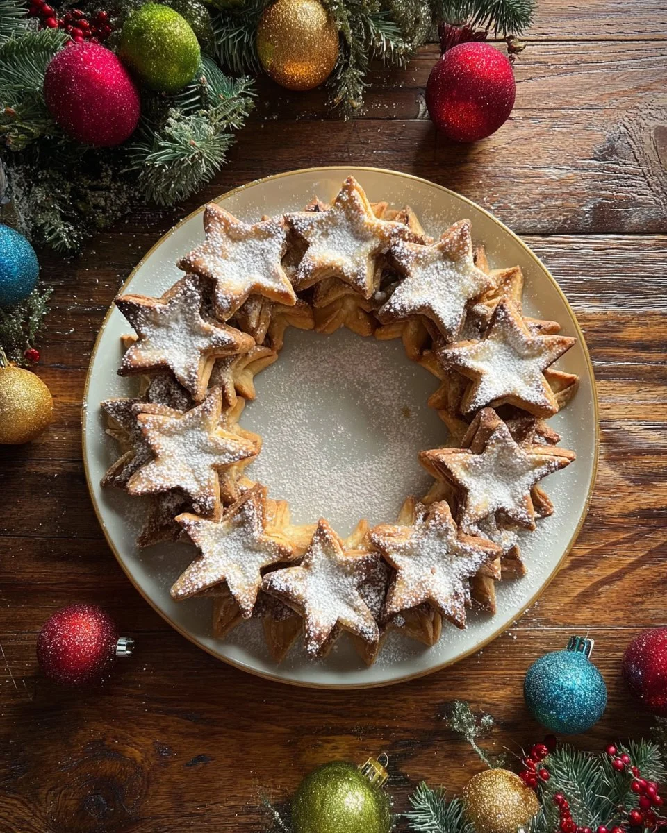 Nutella Puff Pastry Star Wreath decorated with chocolate spread and pastry stars
