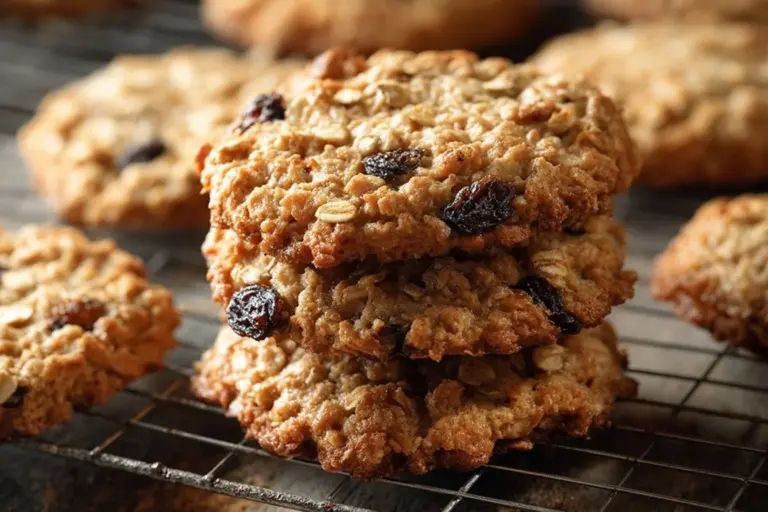 Freshly baked oatmeal raisin cookies on a wooden table