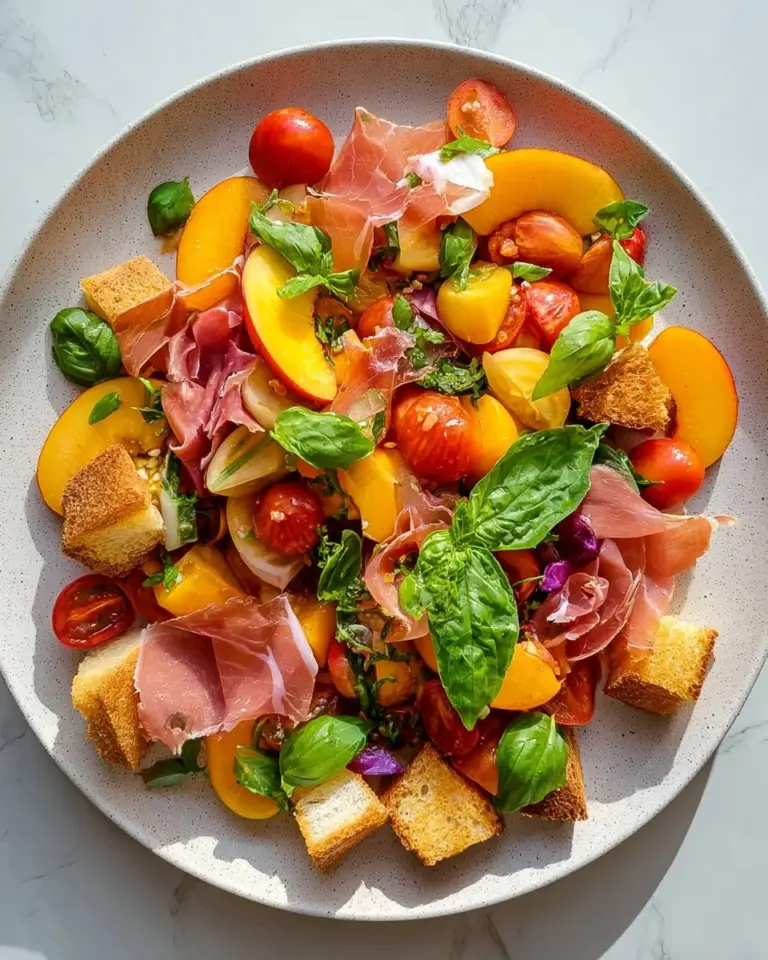 Fresh Peach Panzanella Salad with peaches, bread, and vegetables