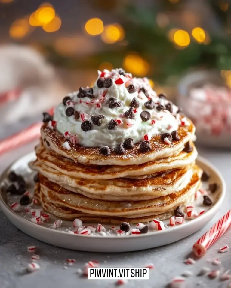 Festive peppermint chocolate chip pancakes stacked with syrup and mint leaves