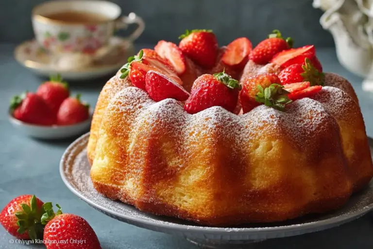 Pineapple Bundt Cake topped with fresh strawberries on a decorative cake stand.