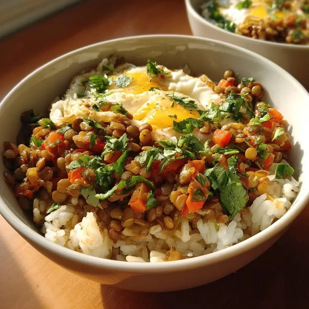 Delicious and nutritious quick Lentil Rice Bowls with vibrant vegetables
