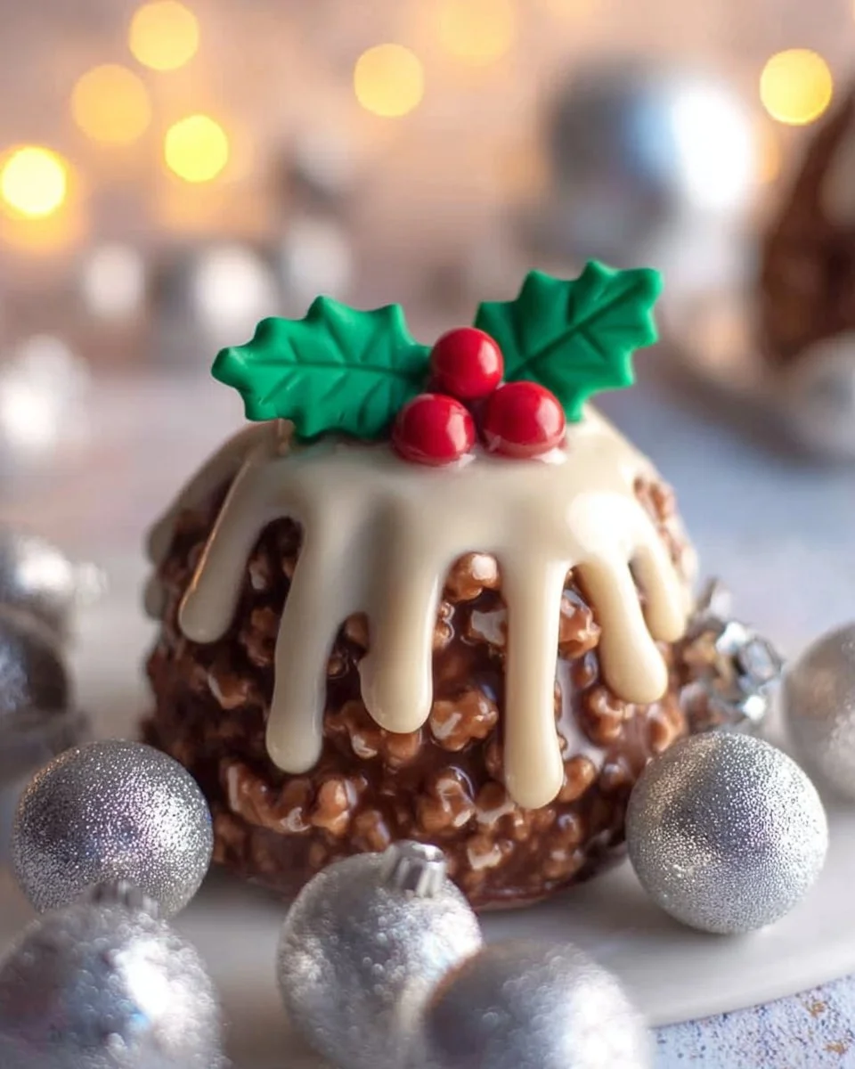 Festive Rice Krispie Christmas puddings decorated for the holiday season