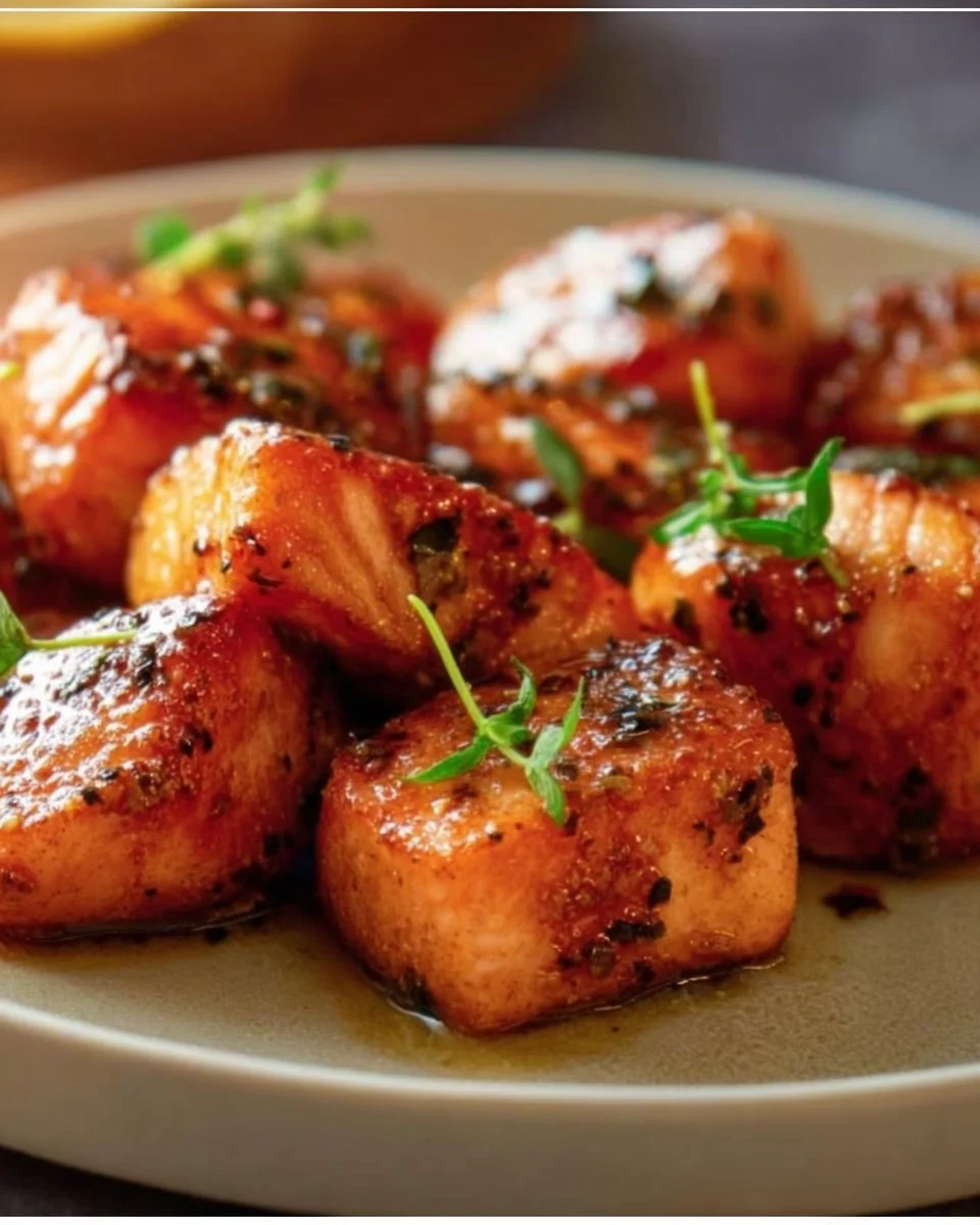 Salmon bites topped with hot honey glaze on a white plate