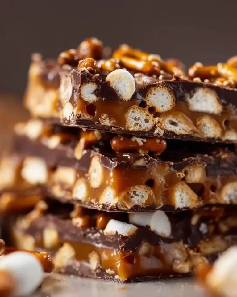 Delicious salted caramel pretzel bark with pretzel pieces and caramel drizzle.