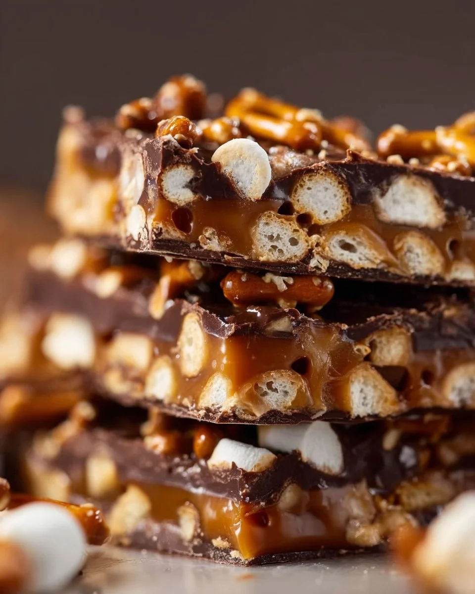 Delicious salted caramel pretzel bark with pretzel pieces and caramel drizzle.
