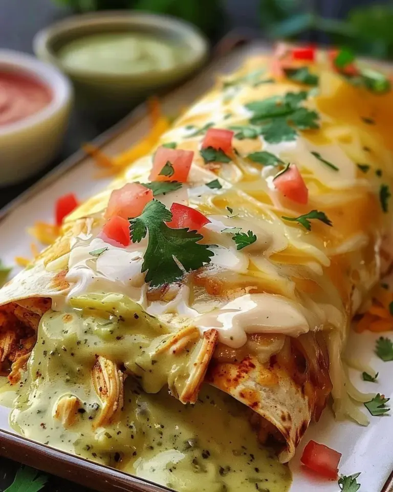 Smothered green chile chicken burritos topped with zesty green chile sauce