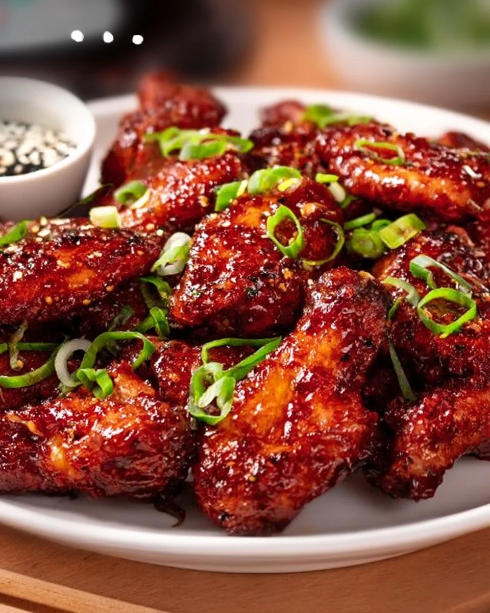 Delicious spicy Korean chicken wings served on a platter