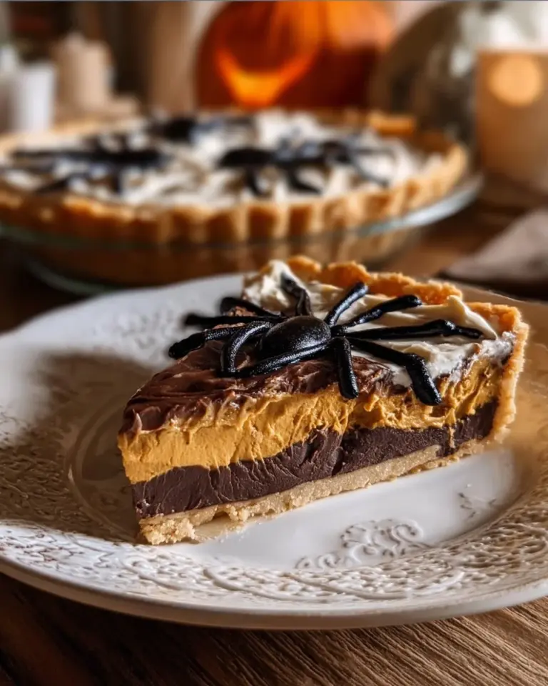 A delicious Spider Pie dessert topped with chocolate and festive decorations.