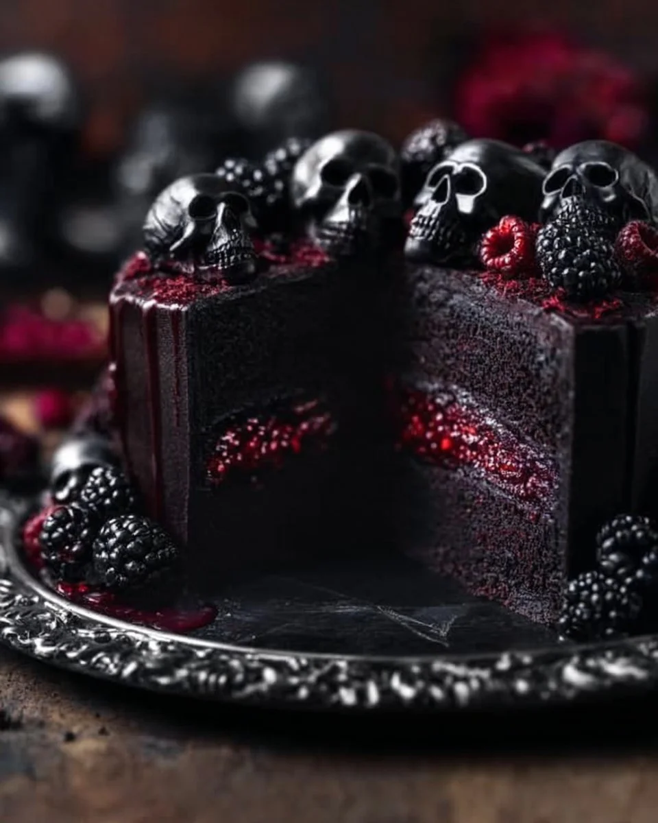 Spooky Black Velvet Cake with Halloween-themed decorations and dark frosting